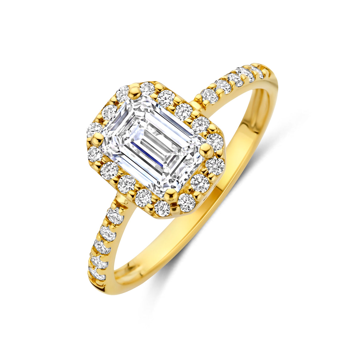 Schuin bovenaanzicht van de gouden ring met lab grown diamant van 14 karaat.
