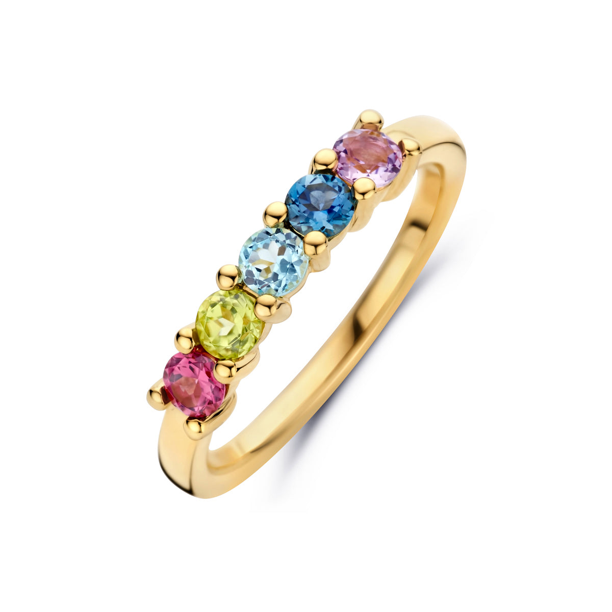 Schuin bovenaanzicht van de gouden ring met gekleurde edelstenen van 14 karaat.