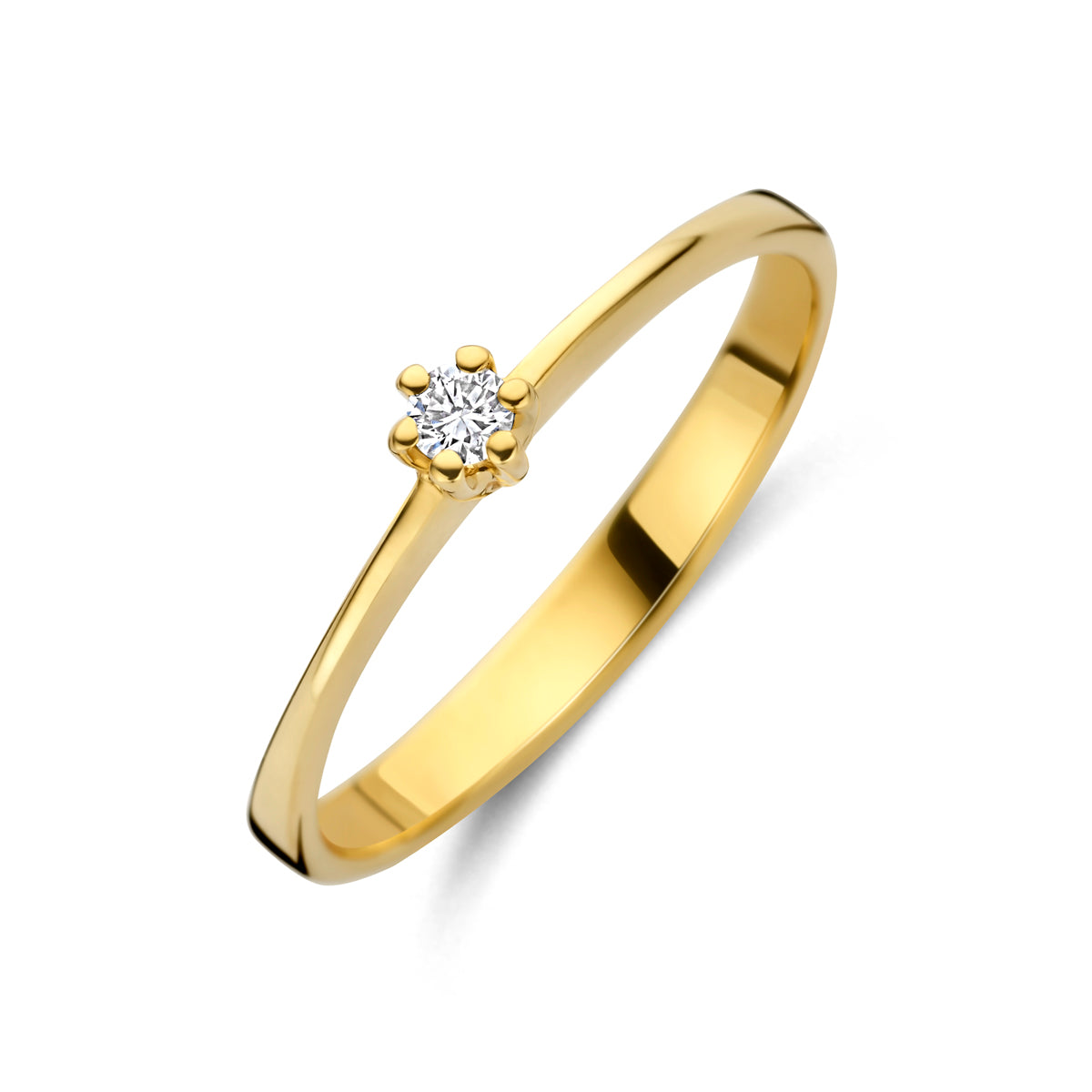 Schuin bovenaanzicht van de gouden ring met lab grown diamant van 14 karaat.