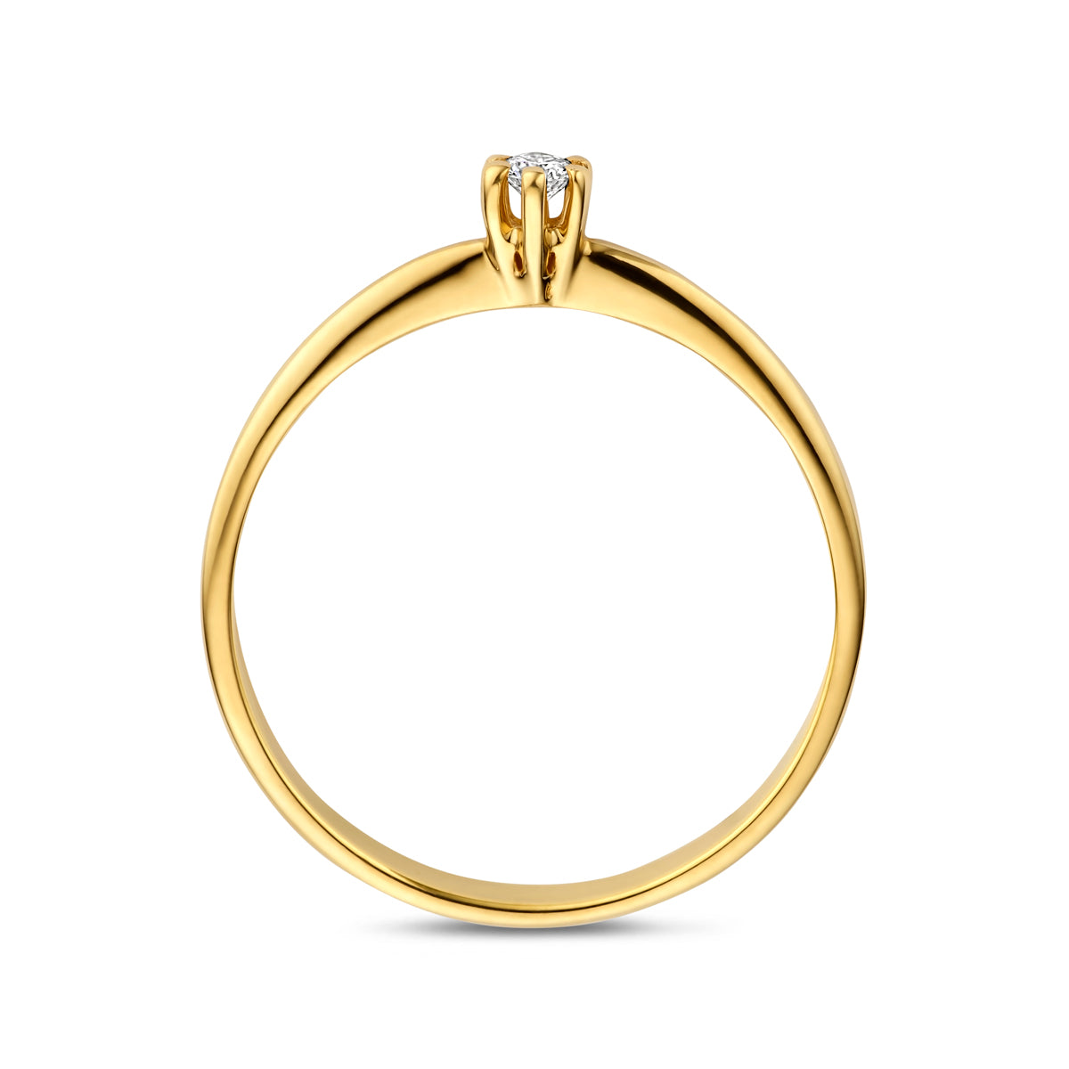Zijaanzicht van de gouden ring met lab grown diamant van 14 karaat, 0,05 ct.