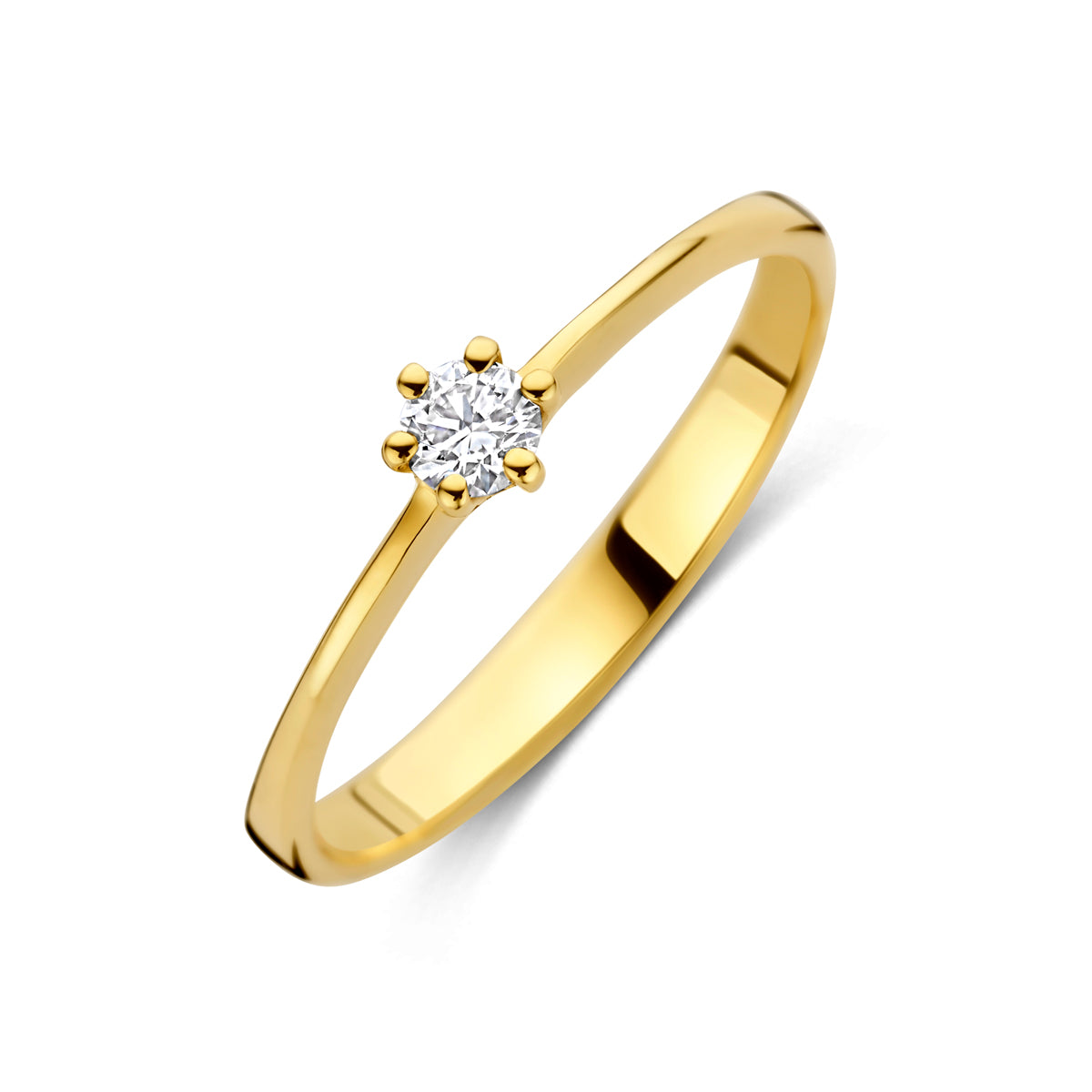Schuin bovenaanzicht van de gouden ring met lab grown diamant van 14 karaat.