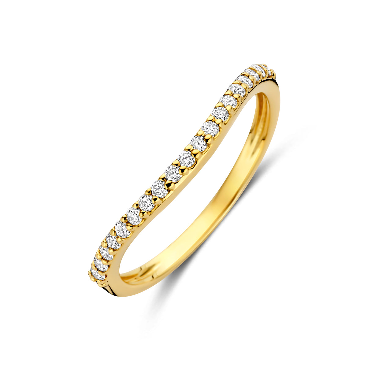 Schuin bovenaanzicht van de gouden ring met lab grown diamant van 14 karaat.