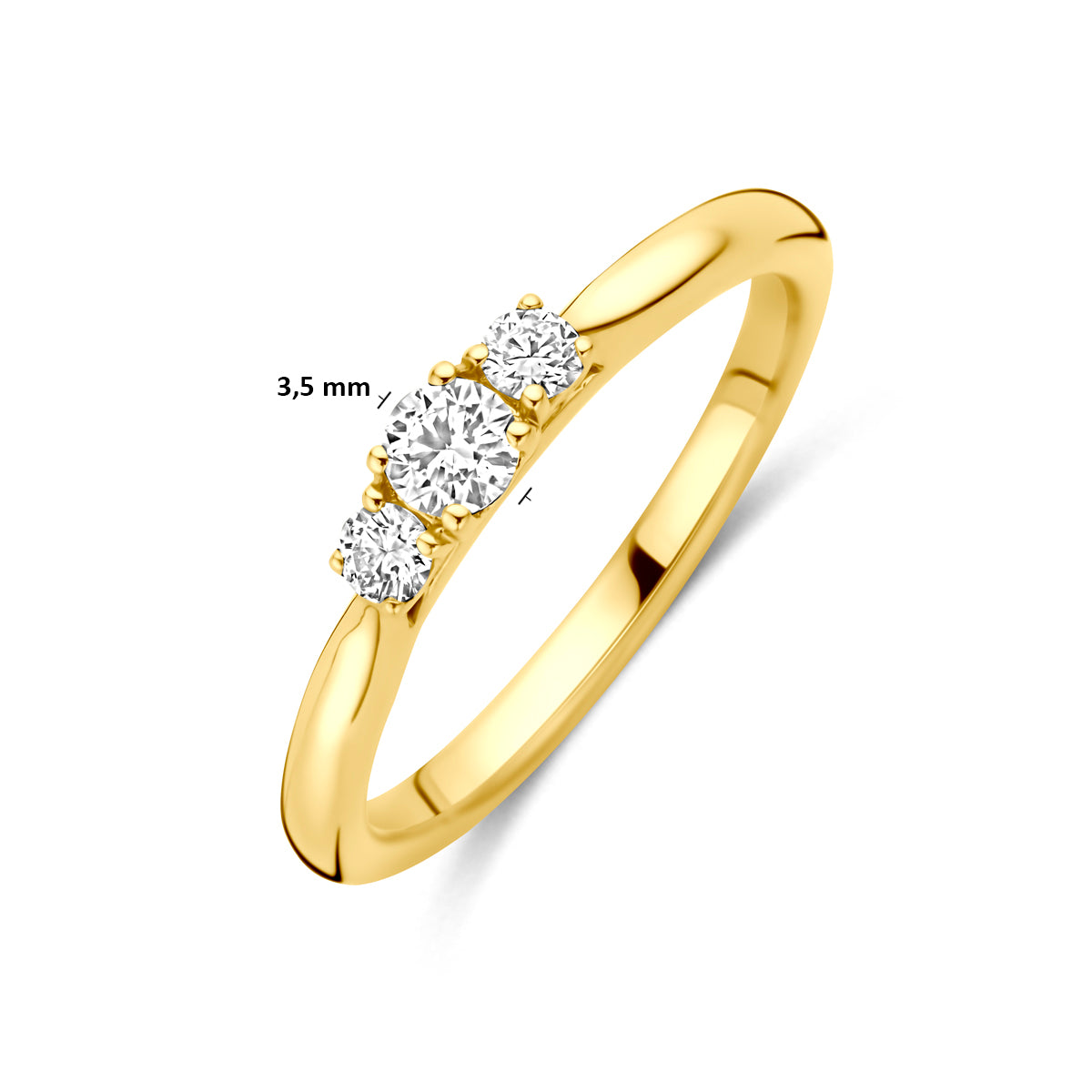 Afmetingen van de gouden ring met lab grown diamant van 14 karaat: band van 2 mm, steen van 3,5 mm.