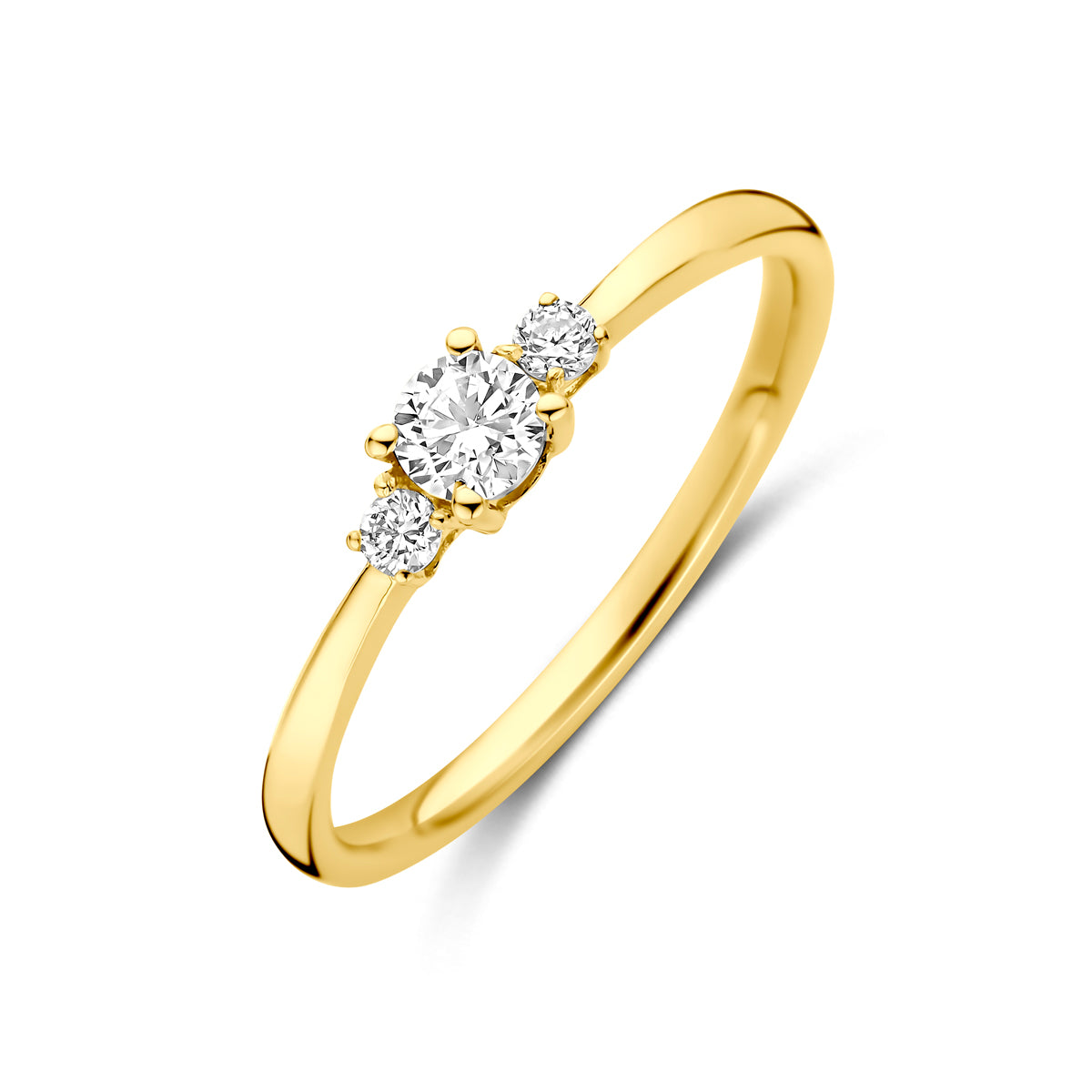 Schuin bovenaanzicht van de gouden ring met lab grown diamant van 14 karaat.