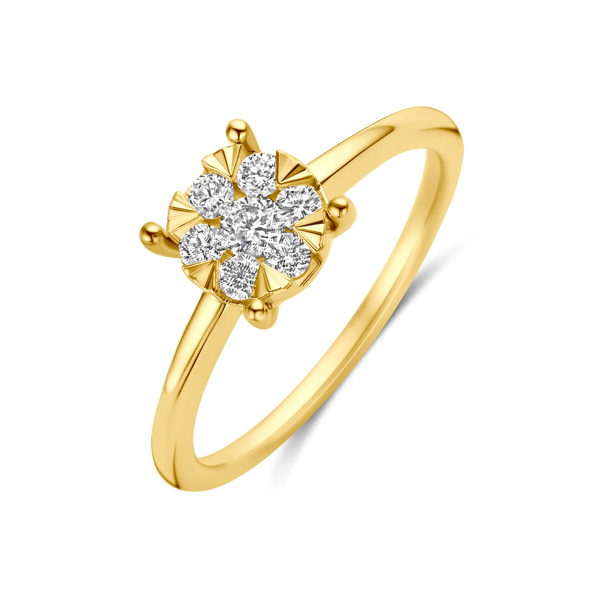 Schuin bovenaanzicht van de gouden ring met lab grown diamant van 14 karaat.