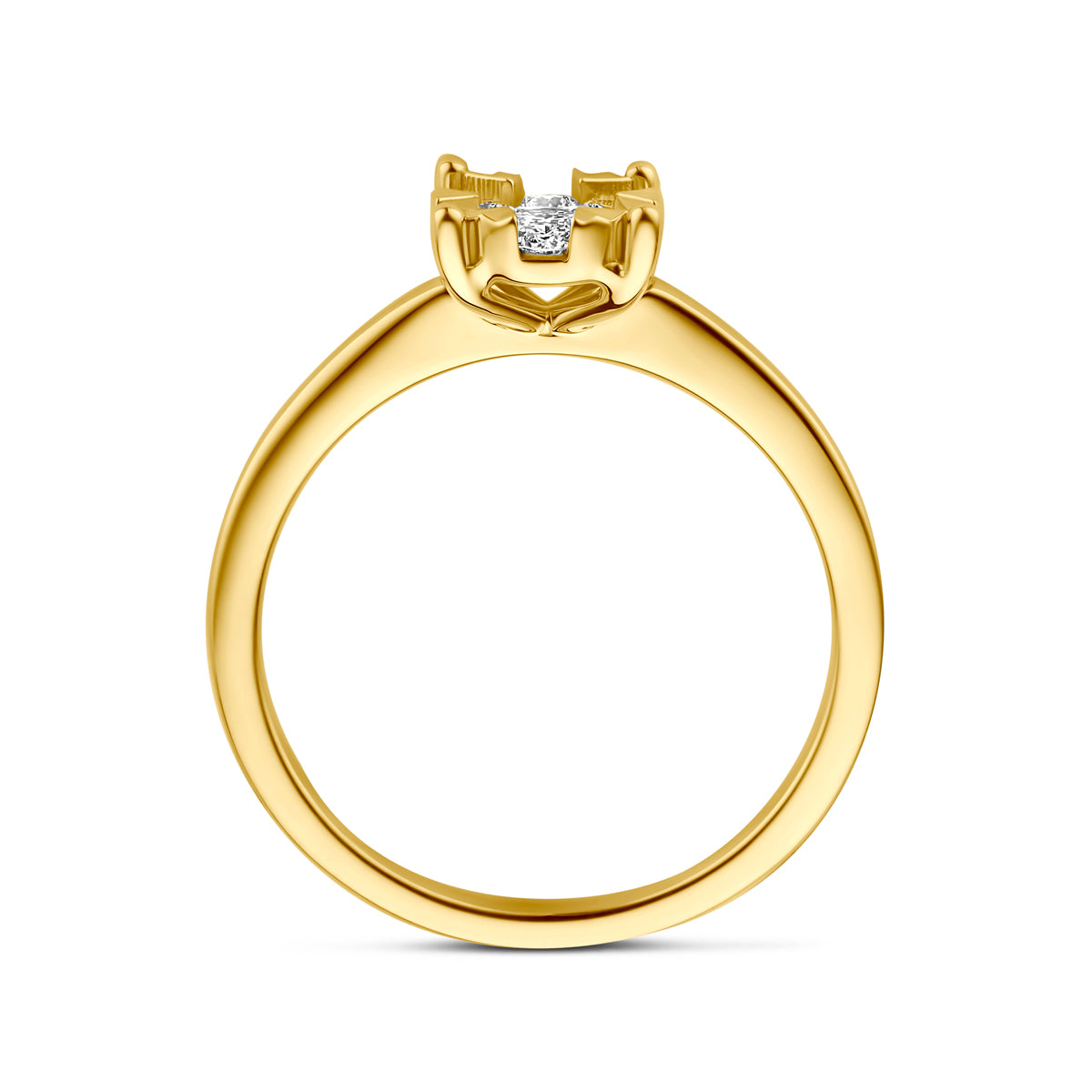 Zijaanzicht van de gouden ring met lab grown diamant van 14 karaat.