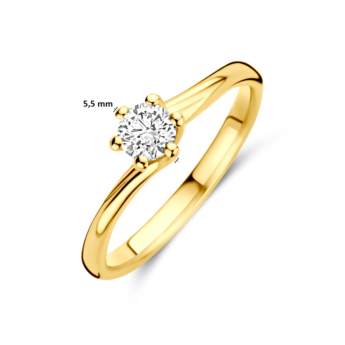 Afmetingen van de gouden ring met lab grown diamant van 14 karaat: 5,5 mm breed, steen 5,5 mm, 0,30 ct.