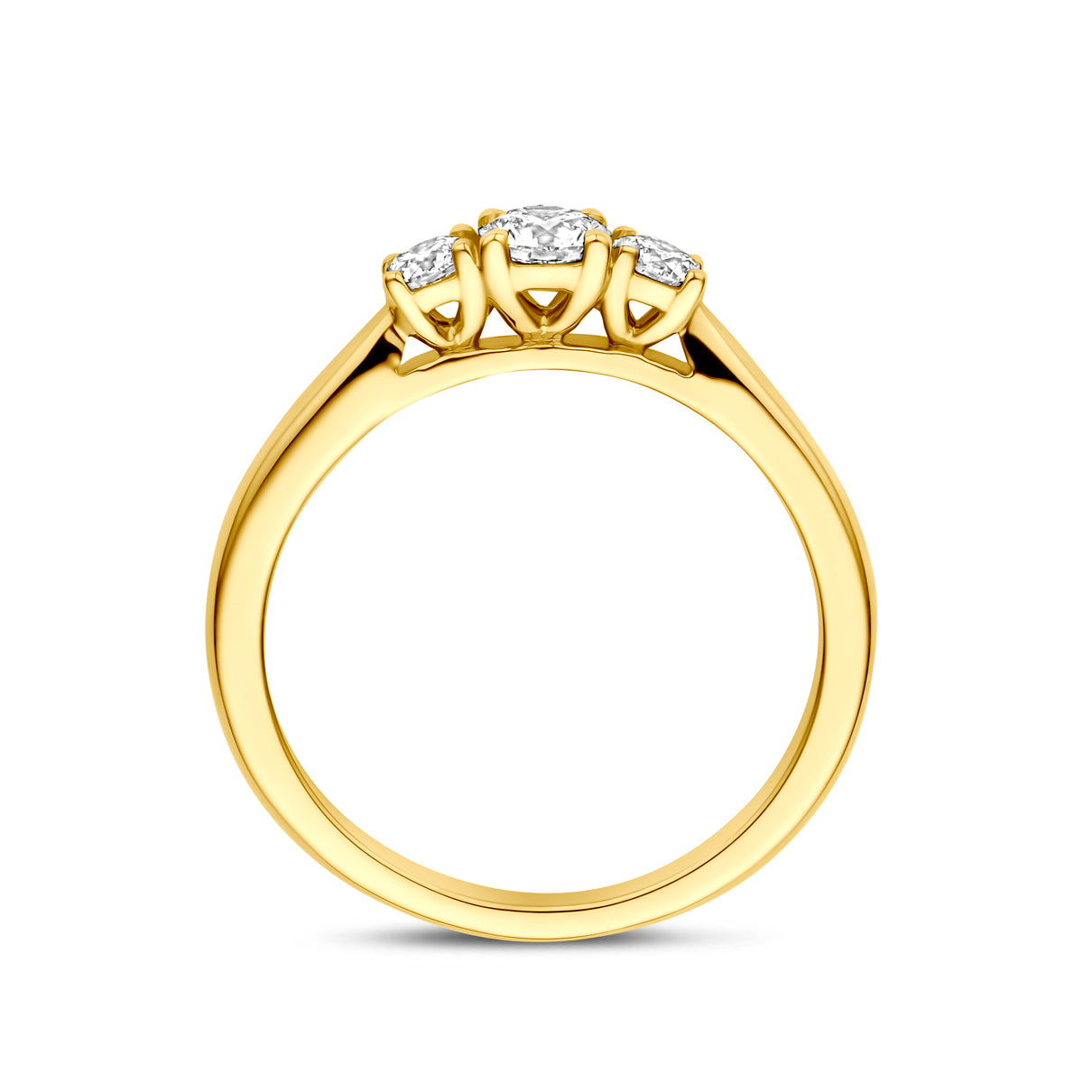 Zijaanzicht van de gouden ring met lab grown diamant van 14 karaat.