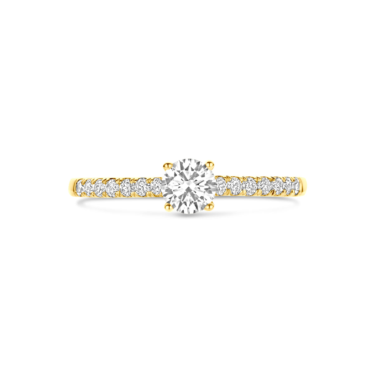 Bovenaanzicht van de gouden ring met lab grown diamant van 14 karaat.