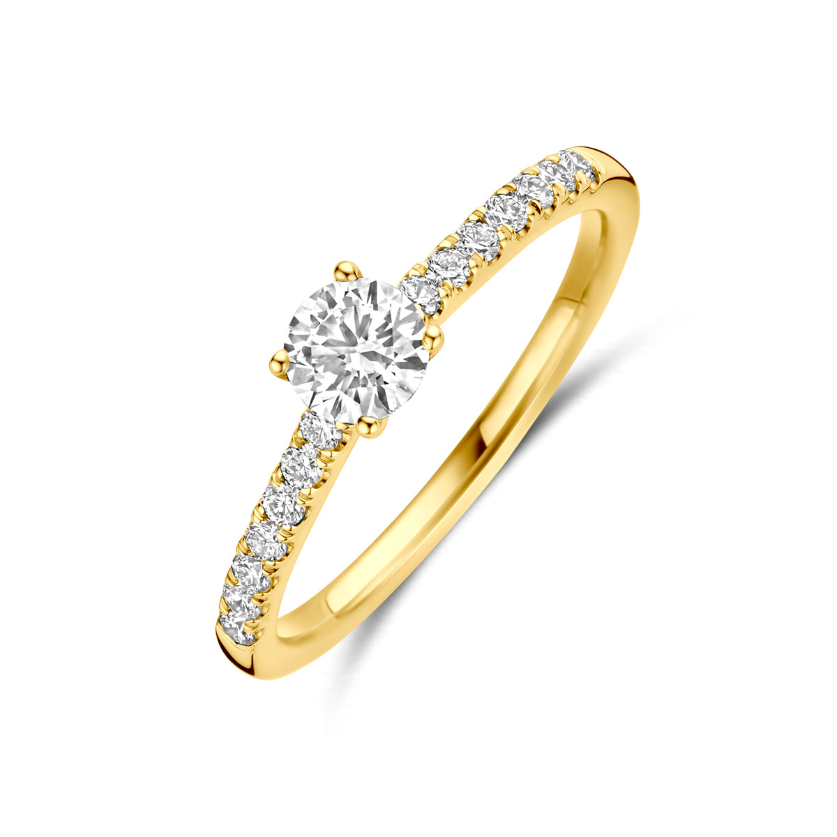 Schuin bovenaanzicht van de gouden ring met lab grown diamant van 14 karaat.