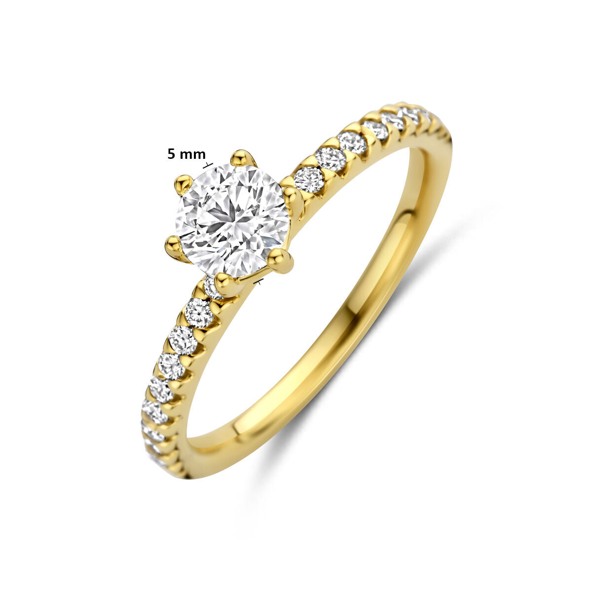 Afmetingen van de gouden ring met lab grown diamant van 14 karaat: middensteen van 5 mm, 0,71 ct.