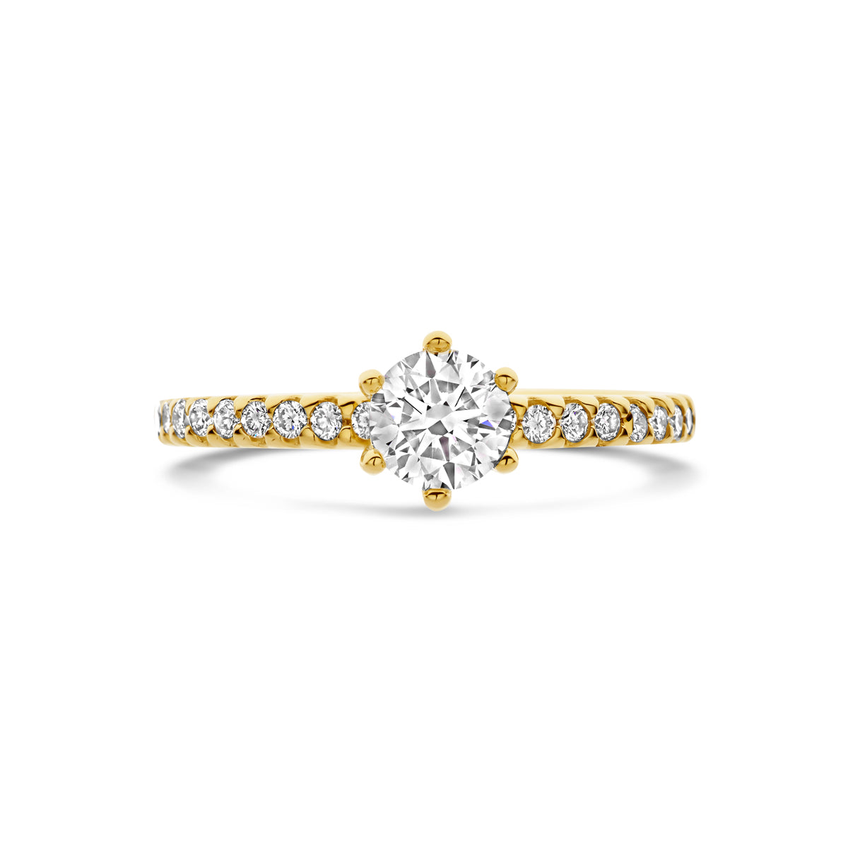 Bovenaanzicht van de gouden ring met lab grown diamant van 14 karaat, 0,71 ct.