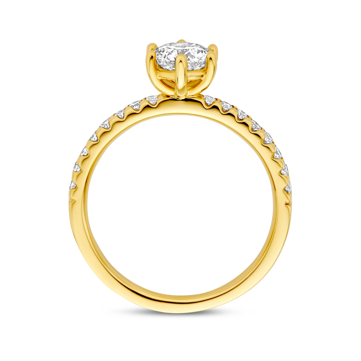 Zijaanzicht van de gouden ring met lab grown diamant van 14 karaat, 0,98 ct.