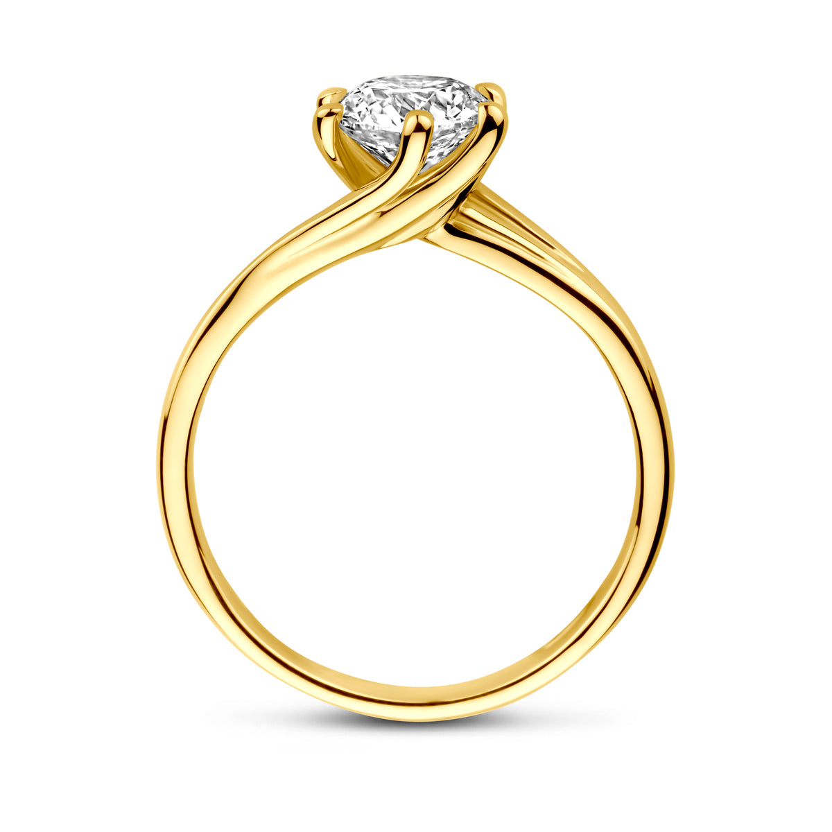 Zijaanzicht van de gouden ring met lab grown diamant van 14 karaat, 1,00 ct.