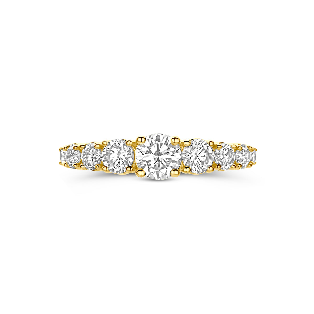 Bovenaanzicht van de gouden ring met lab grown diamant van 14 karaat.