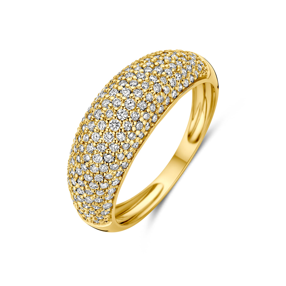Schuin bovenaanzicht van de gouden ring met lab grown diamant van 14 karaat.