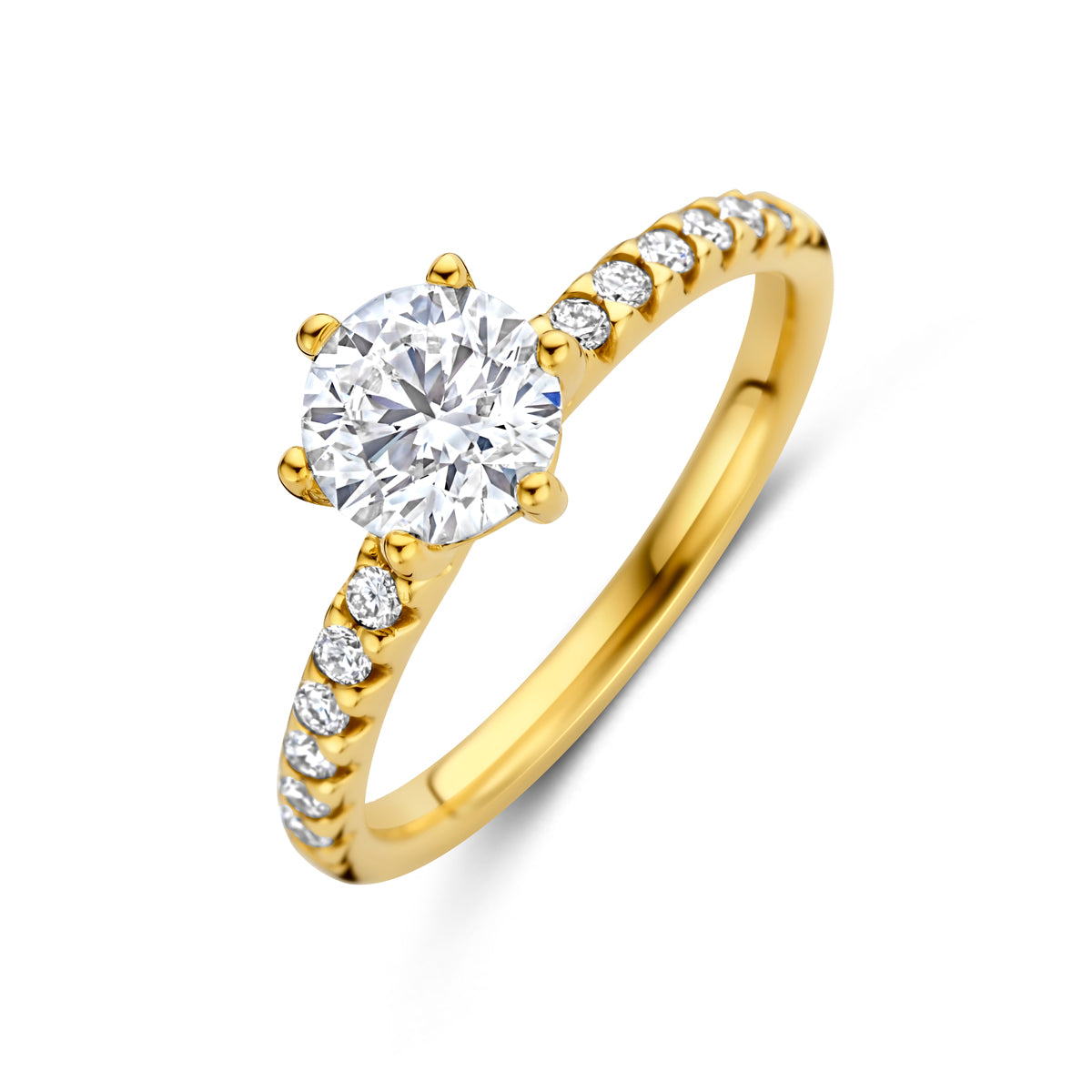 Schuin bovenaanzicht van de gouden ring met lab grown diamant van 14 karaat.
