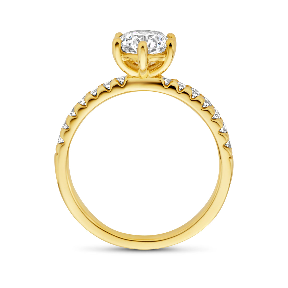 Zijaanzicht van de gouden ring met lab grown diamant van 14 karaat, 1,24 ct.