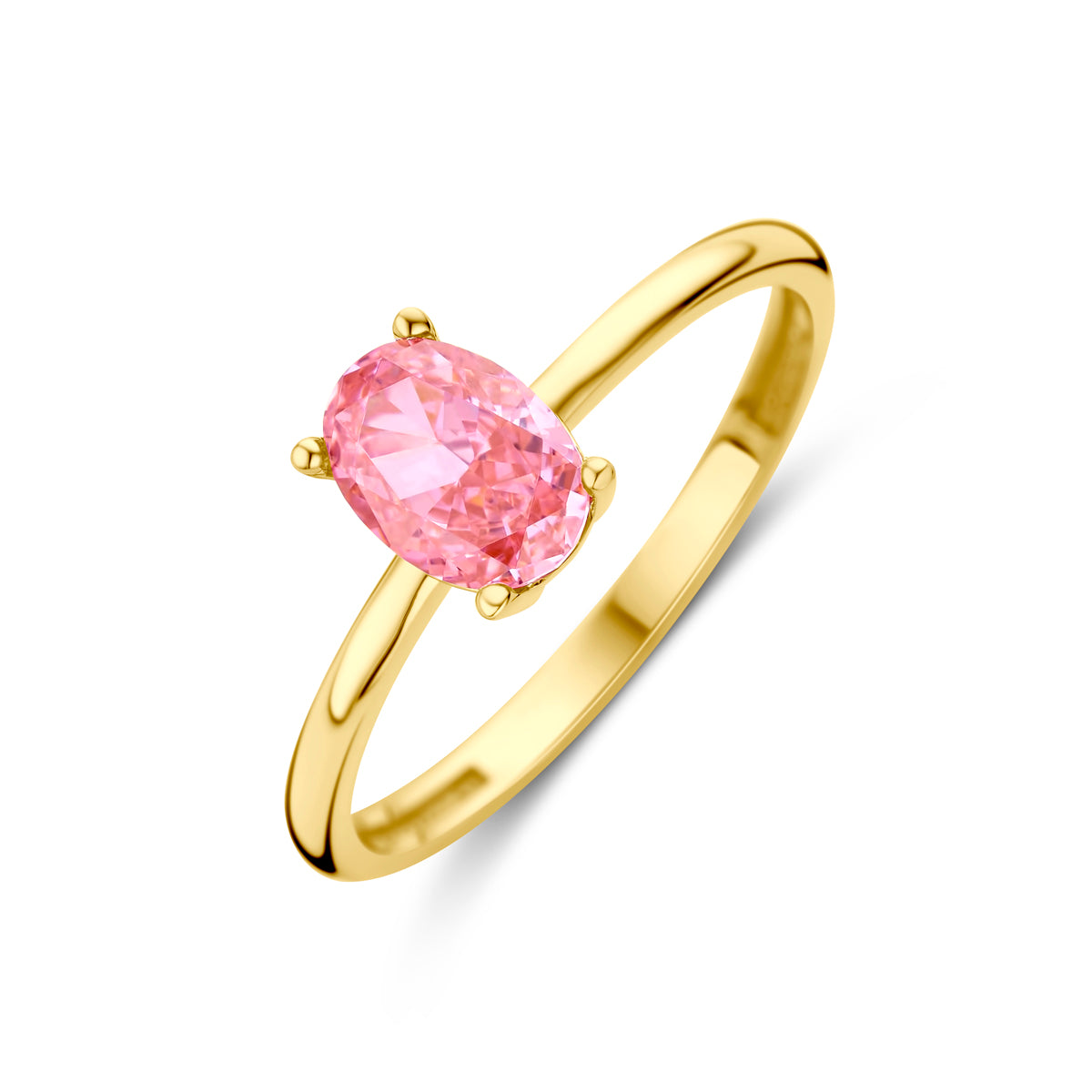 Schuin bovenaanzicht van de gouden ring met roze zirkonia van 14 karaat.