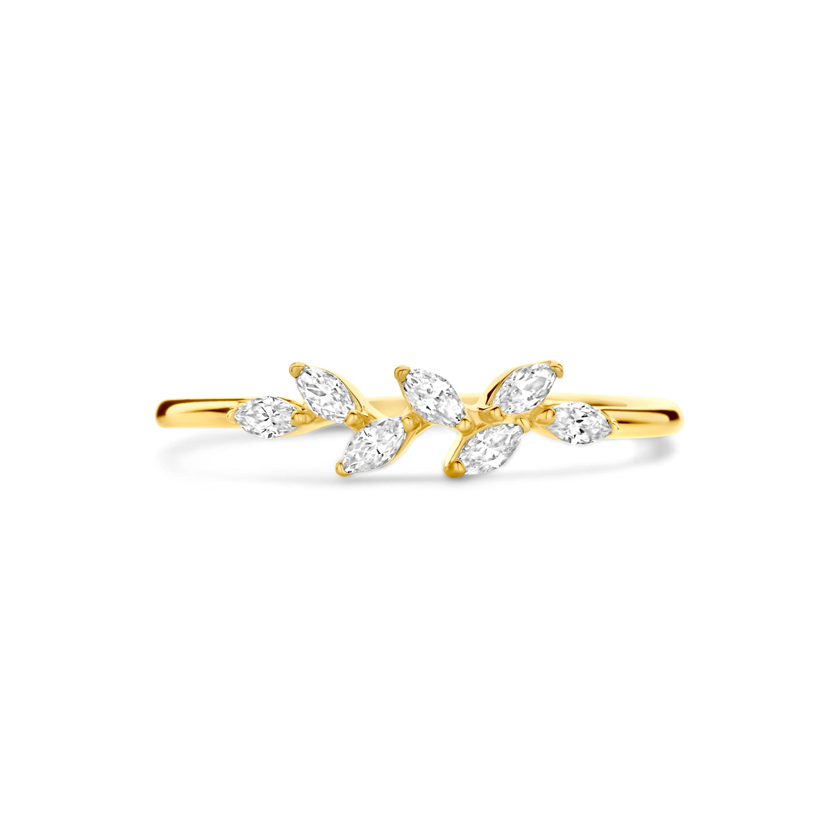 Bovenaanzicht van de gouden ring met ovale zirkonia van 14 karaat.