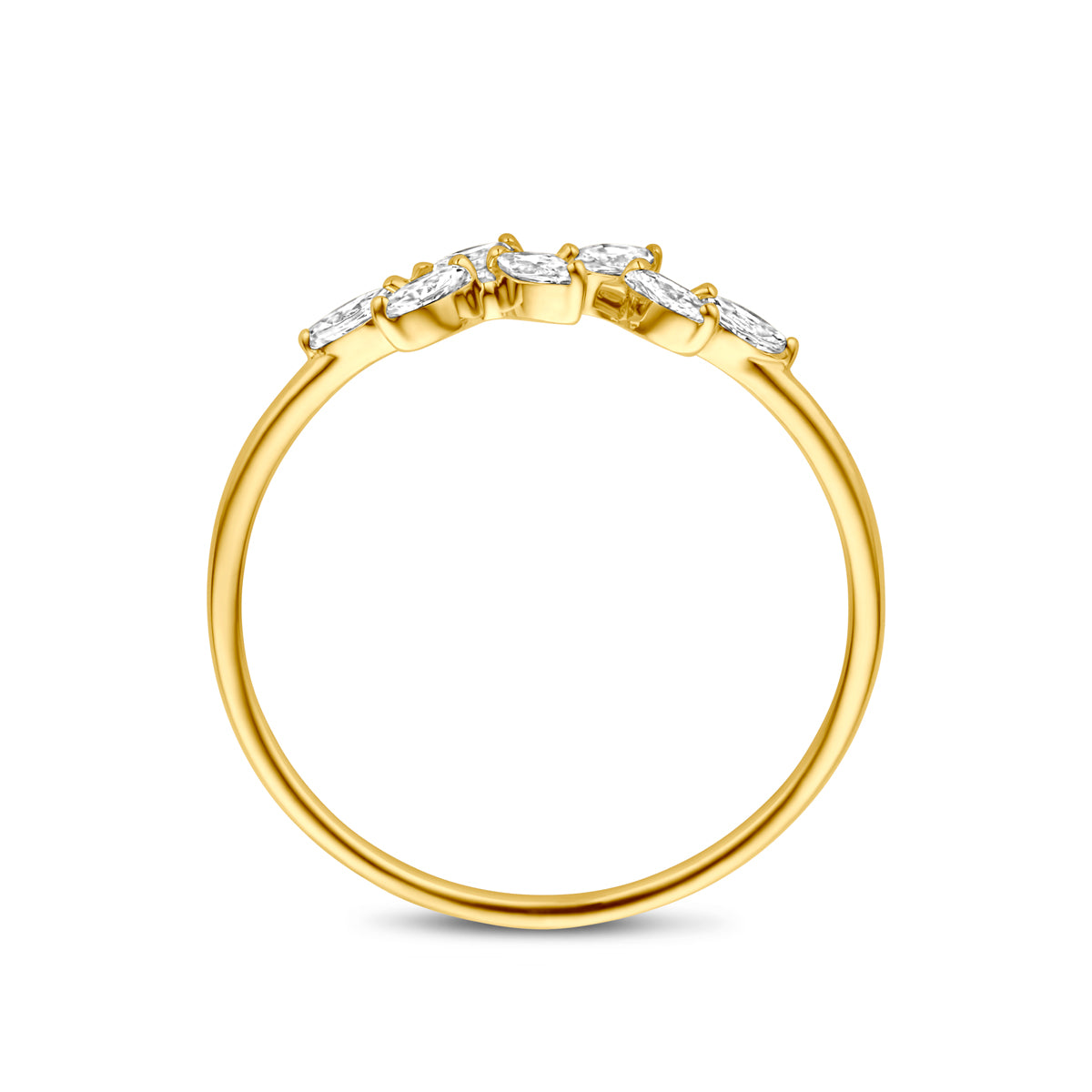 Zijaanzicht van de gouden ring met ovale zirkonia van 14 karaat.