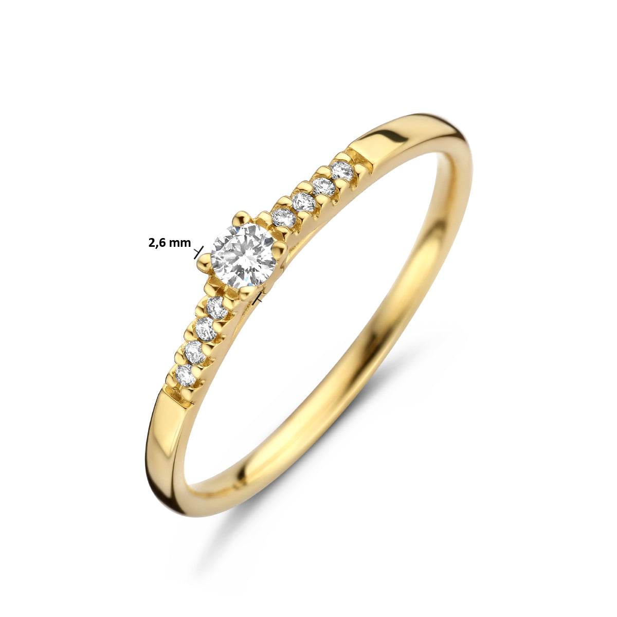 Afmetingen van de gouden ring met diamant van 14 karaat: 2,6 mm breed, 0,10 ct.