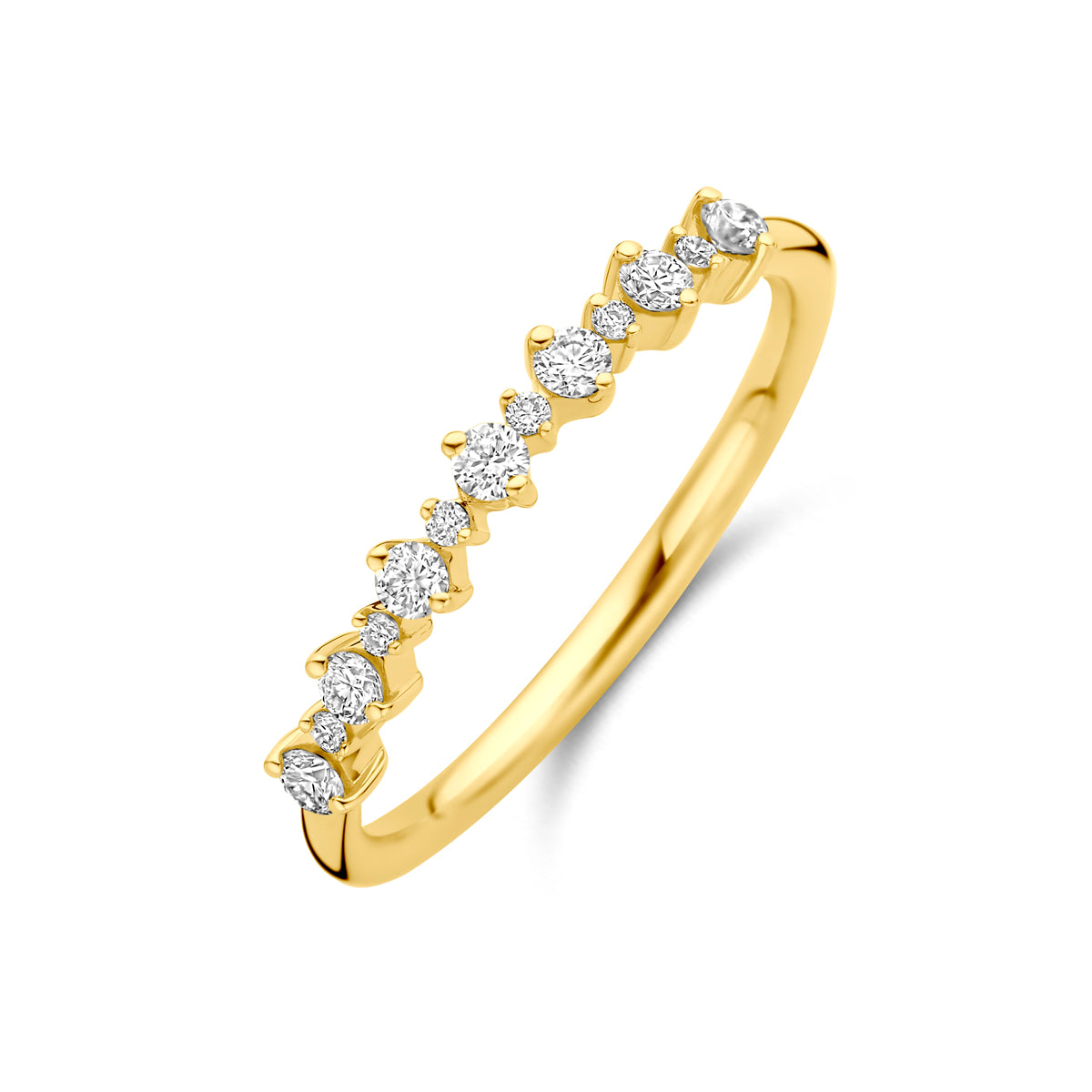 Schuin bovenaanzicht van de gouden ring met lab grown diamant van 14 karaat.