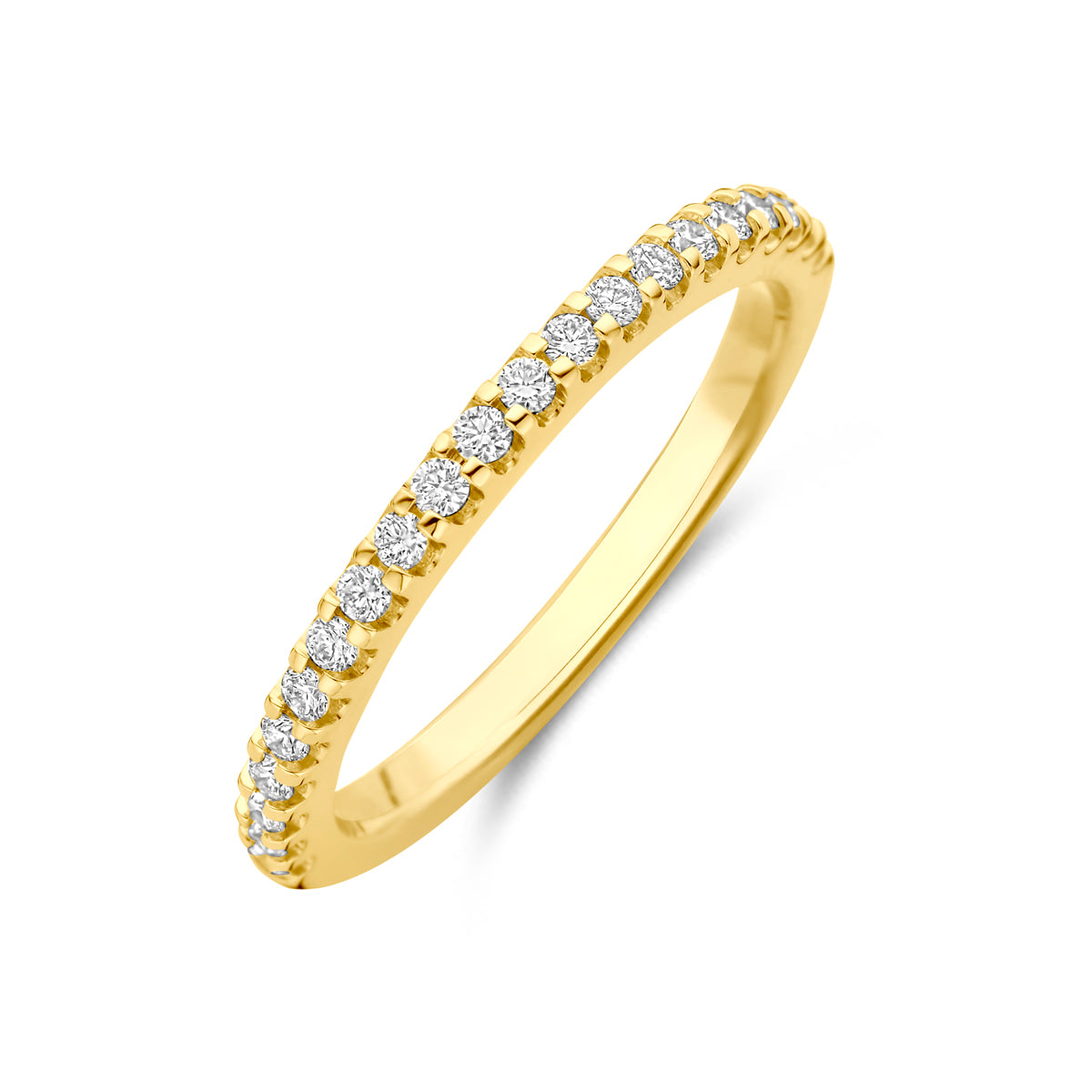 Schuin bovenaanzicht van de gouden ring met lab grown diamant van 14 karaat.