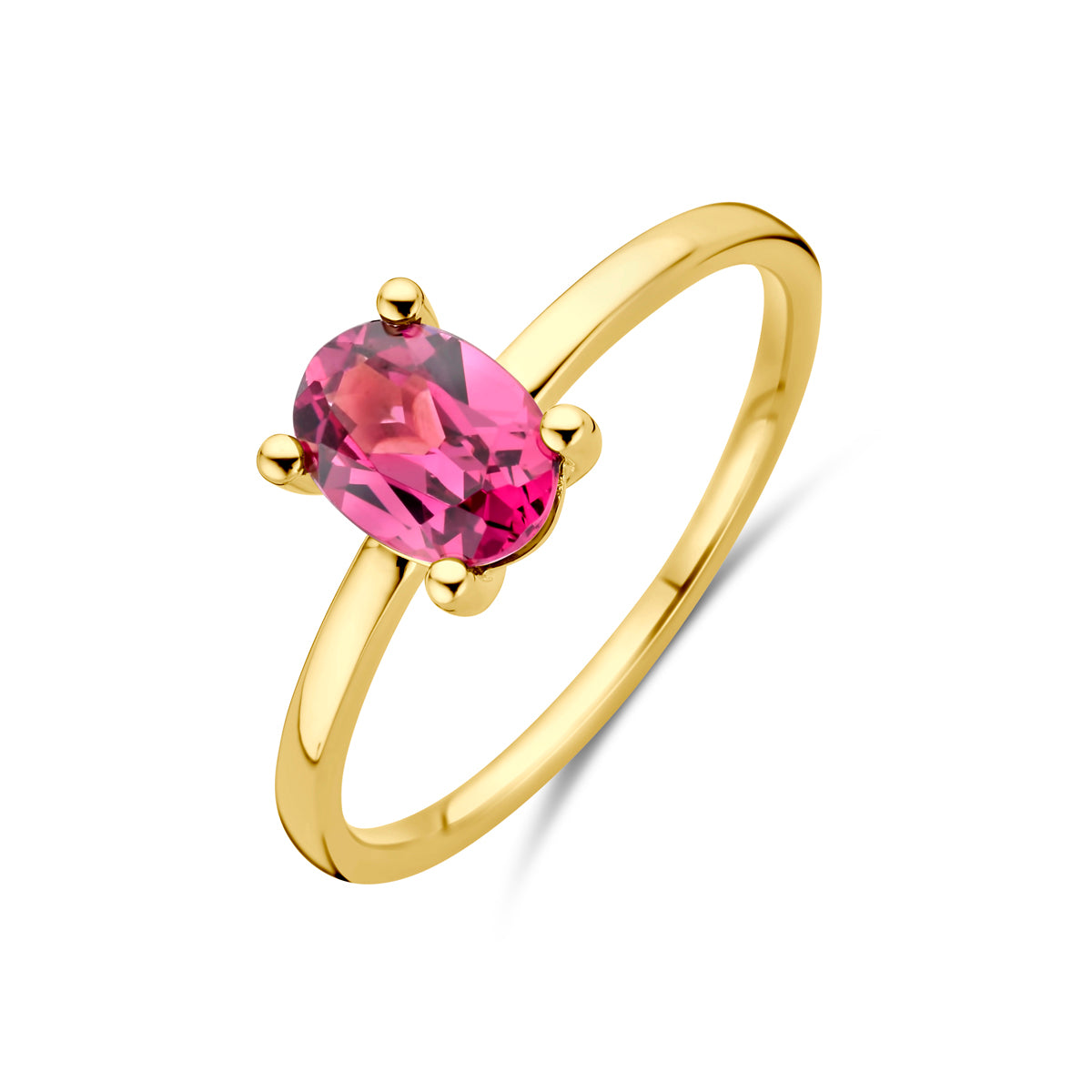 Schuin bovenaanzicht van de gouden ring met roze rhodoliet van 14 karaat.
