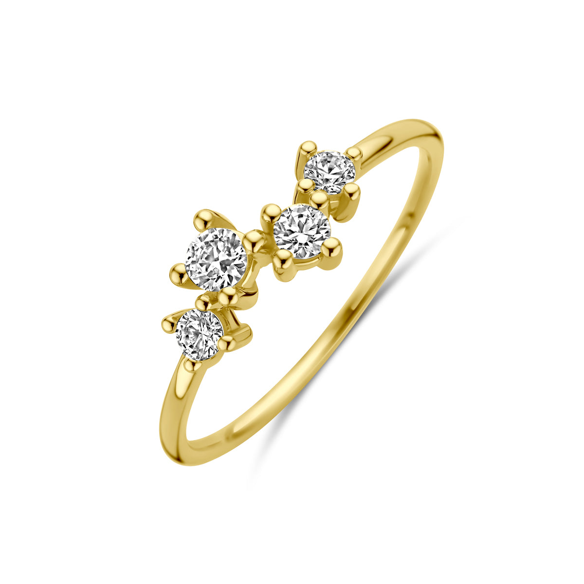 Schuin bovenaanzicht van de gouden ring met zirkonia van 14 karaat.