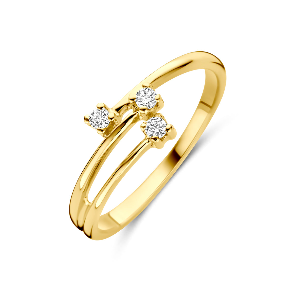 Schuin bovenaanzicht van de gouden ring met zirkonia van 14 karaat.