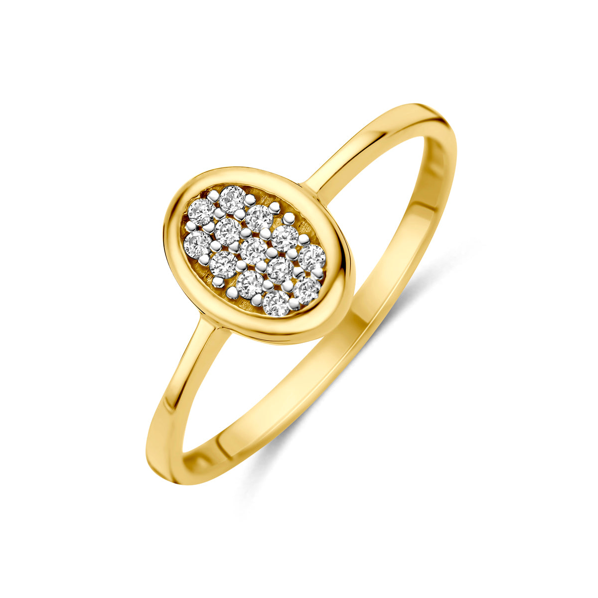 Schuin bovenaanzicht van de 14 karaat gouden ring pavé zirkonia ovaal, 6,5 mm breed en 8,5 mm hoog.