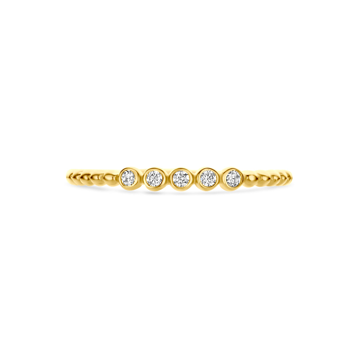 Bovenaanzicht van de 14 karaat gouden ring met zirkonia, plat liggend van bovenaf gezien.