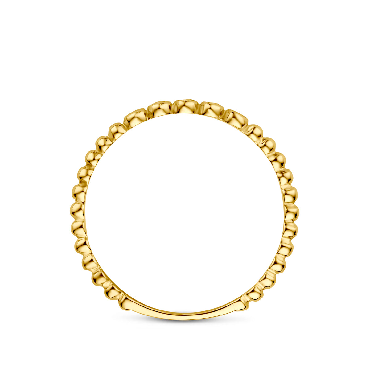 Zijaanzicht van de 14 karaat gouden ring met zirkonia, zodat het profiel van de ring zichtbaar is.