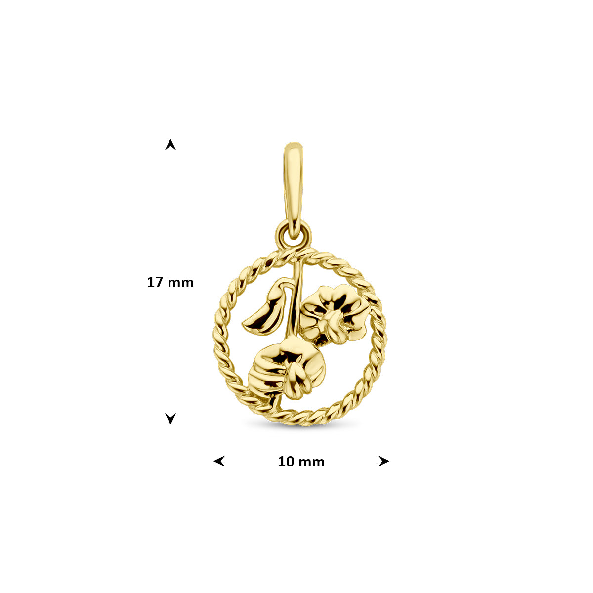 Afmetingen van de gouden ronde geboortebloem hanger april van 14 karaat: 17 mm hoog inclusief oog en 10 mm doorsnee.