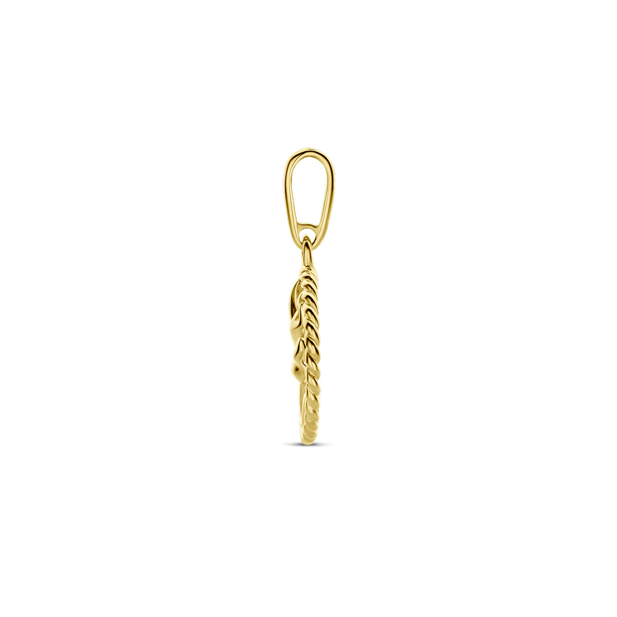 Zijaanzicht van de gouden ronde geboortebloem hanger augustus van 14 karaat.