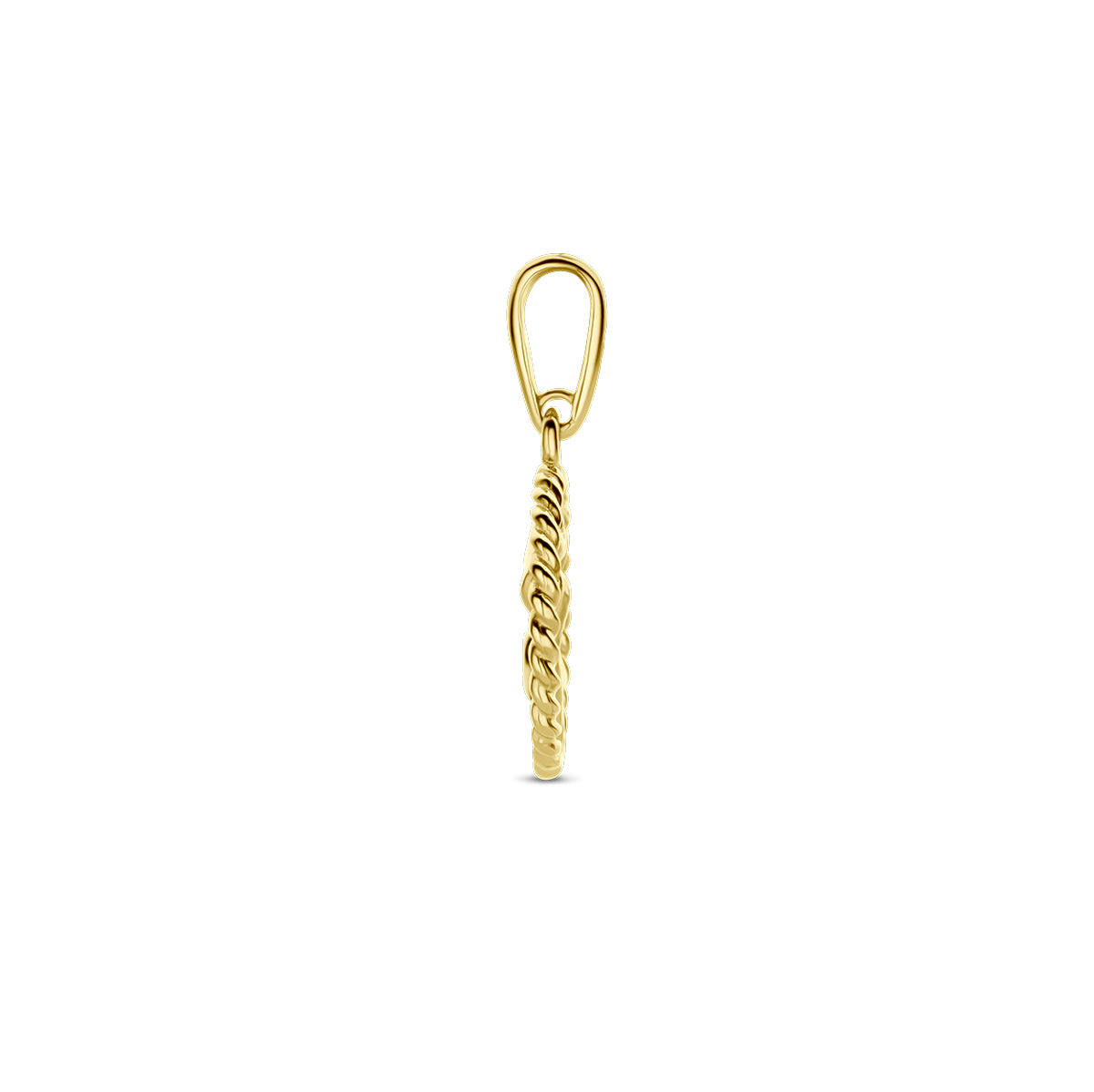 Zijaanzicht van de gouden ronde geboortebloem hanger februari van 14 karaat.