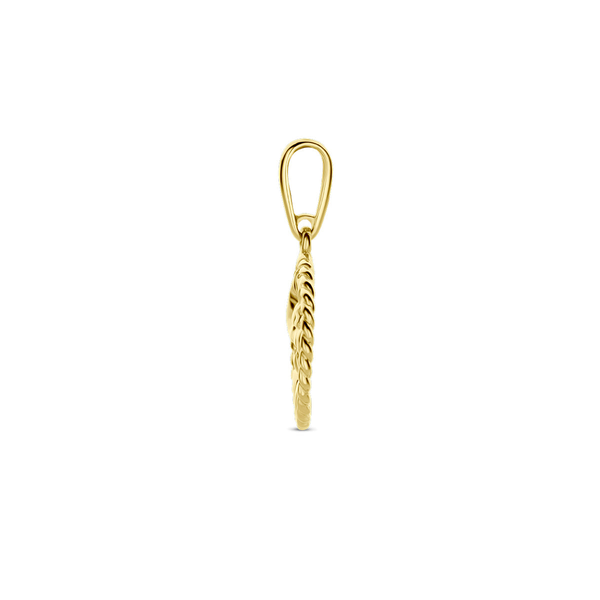 Zijaanzicht van de gouden ronde geboortebloem hanger januari van 14 karaat.