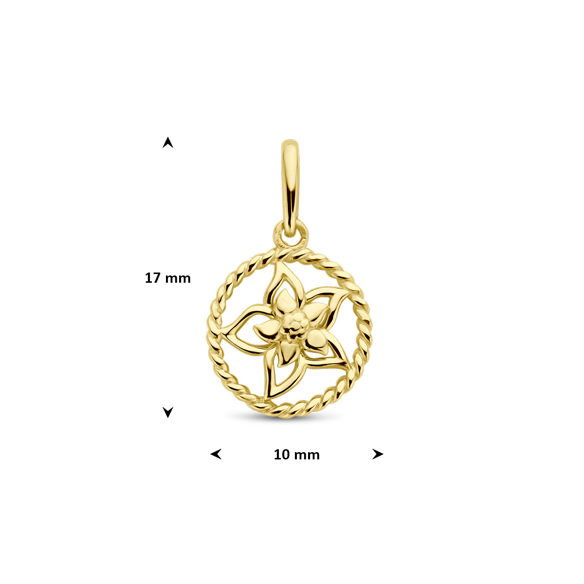 Afmetingen van de gouden ronde geboortebloem hanger juli van 14 karaat: 17 mm hoog inclusief oog en 10 mm doorsnee.