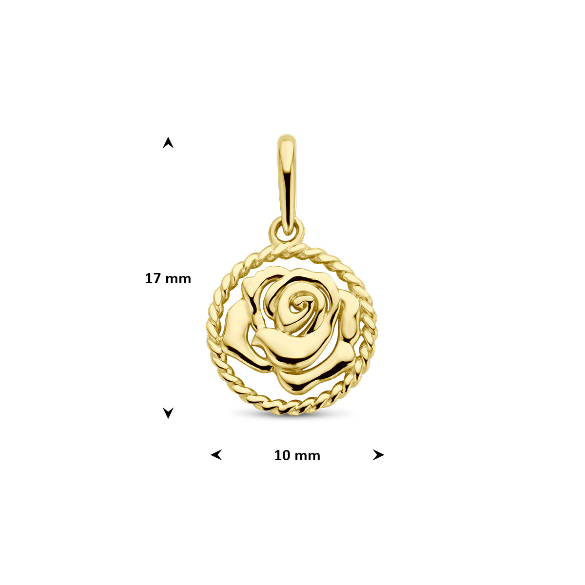 Afmetingen van de gouden ronde geboortebloem hanger juni van 14 karaat: 17 mm hoog inclusief oog en 10 mm doorsnee.