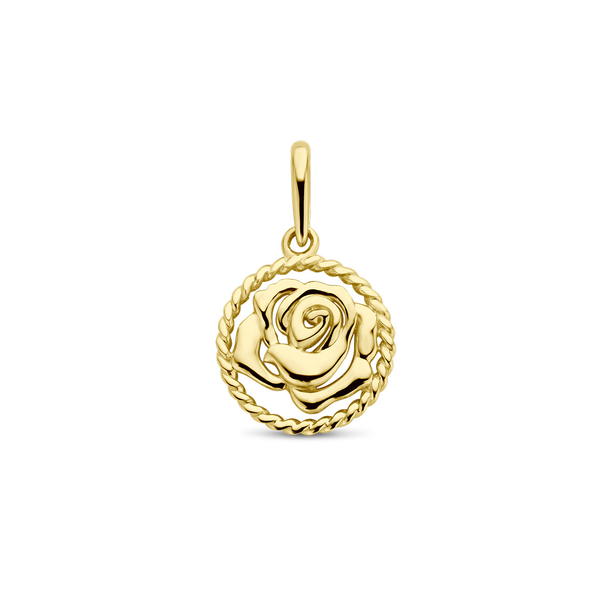 Vooraanzicht van de gouden ronde geboortebloem hanger juni van 14 karaat.