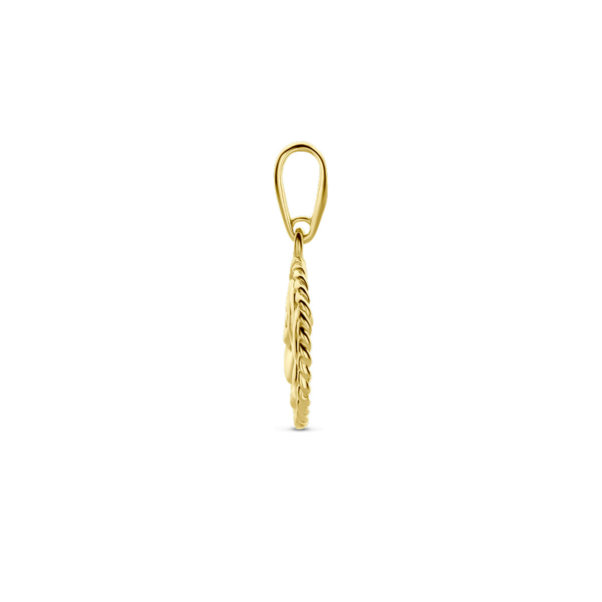 Zijaanzicht van de gouden ronde geboortebloem hanger juni van 14 karaat.