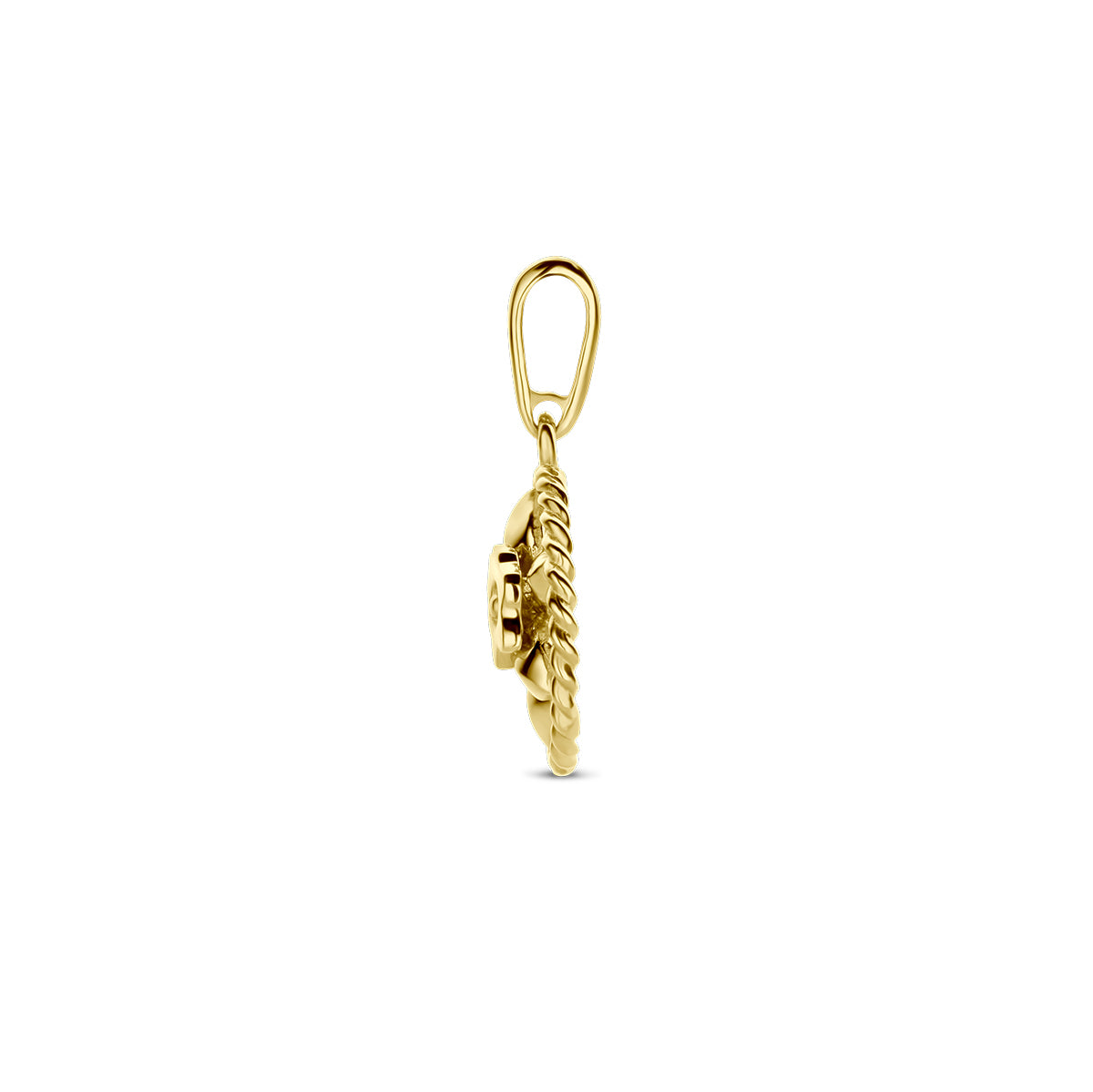 Zijaanzicht van de gouden ronde geboortebloem hanger maart van 14 karaat.