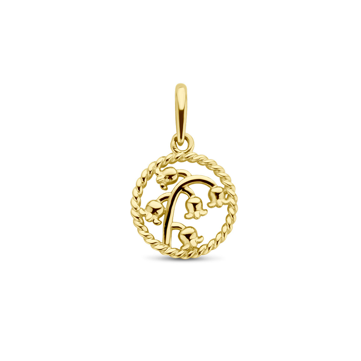 Vooraanzicht van de gouden ronde geboortebloem hanger mei van 14 karaat.