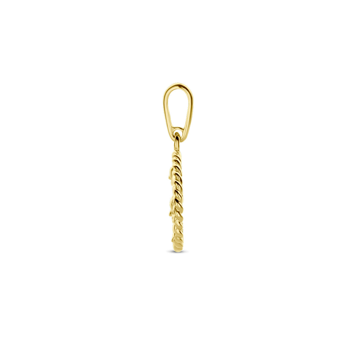 Zijaanzicht van de gouden ronde geboortebloem hanger mei van 14 karaat.