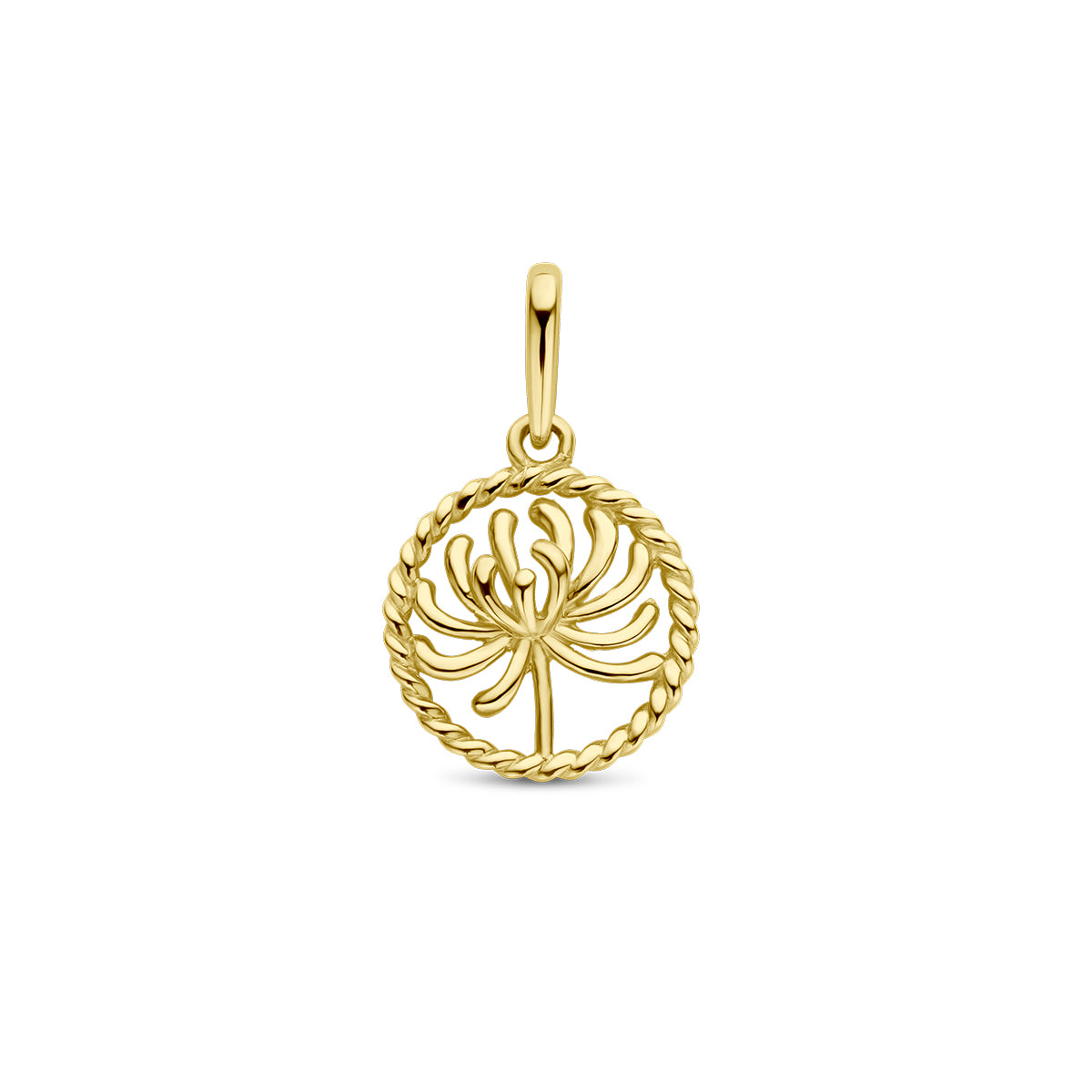 Vooraanzicht van de gouden ronde geboortebloem hanger november van 14 karaat.