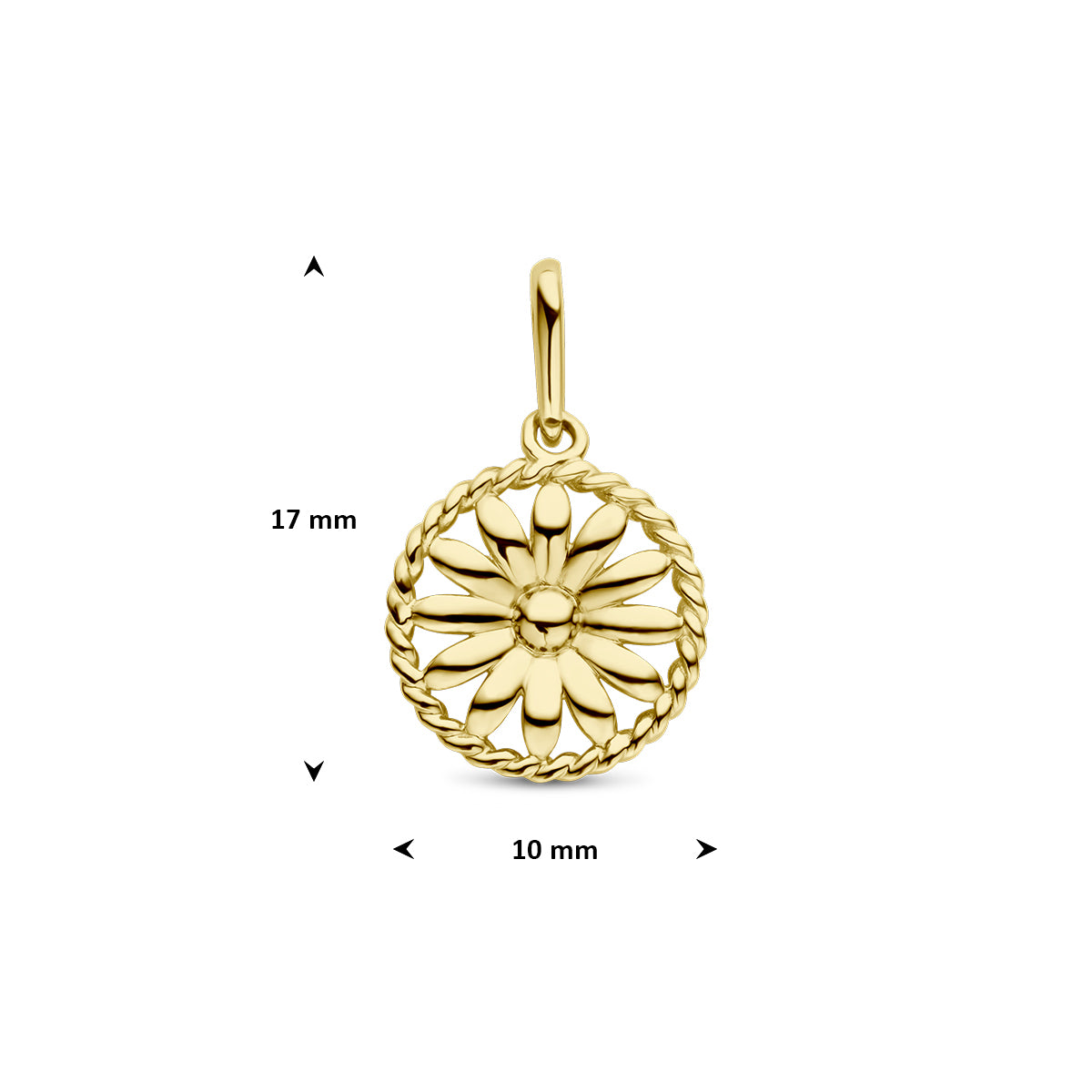 Afmetingen van de gouden ronde geboortebloem hanger september van 14 karaat: 17 mm hoog inclusief oog en 10 mm doorsnee.