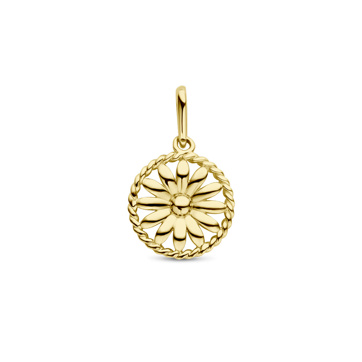 Vooraanzicht van de gouden ronde geboortebloem hanger september van 14 karaat.