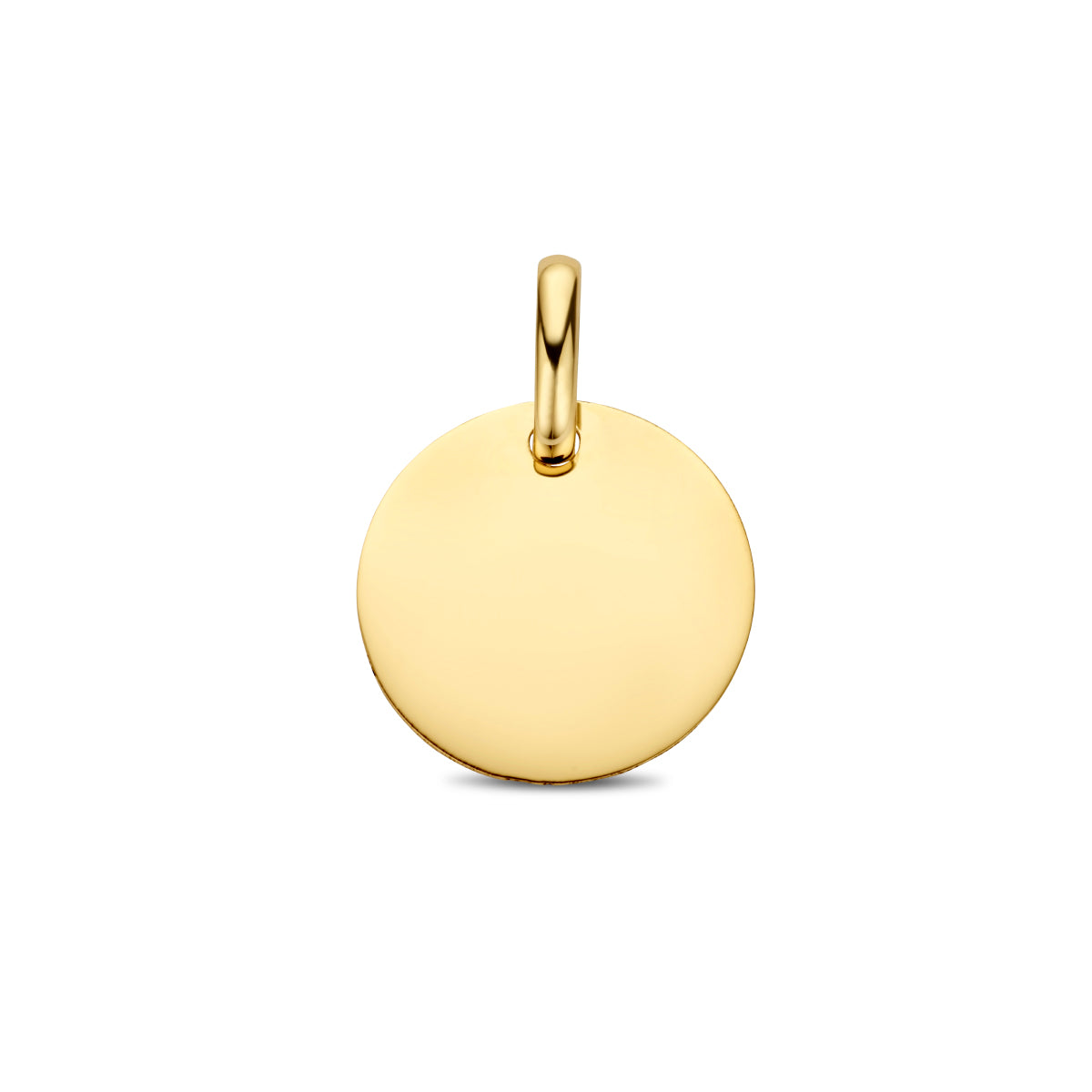 Vooraanzicht van de gouden ronde graveerhanger van 14 karaat van 12 mm.