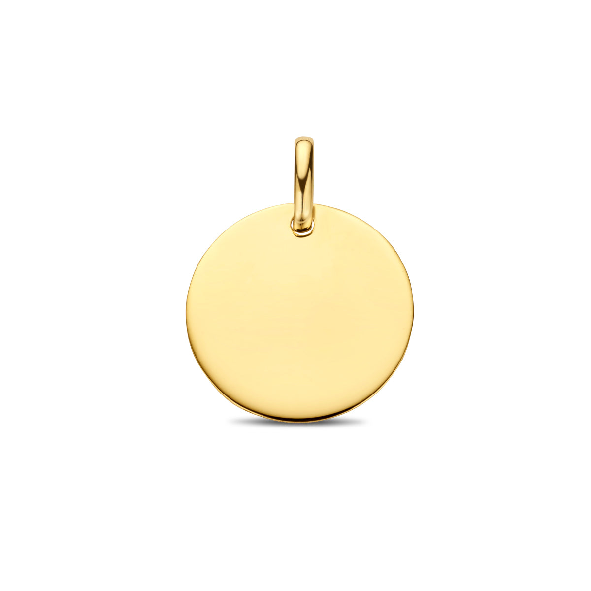 Vooraanzicht van de gouden ronde graveerhanger van 14 karaat van 15 mm.